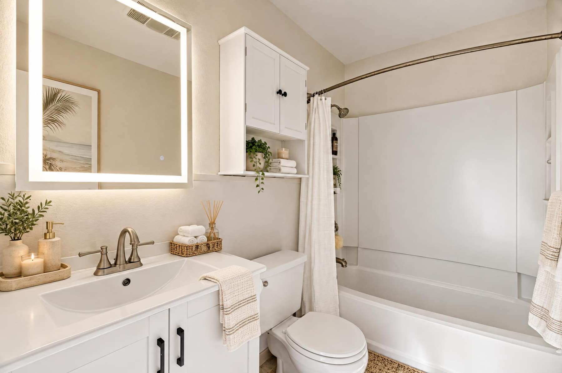 Bathroom with a soaking tub, white vanity, and a lighted mirror